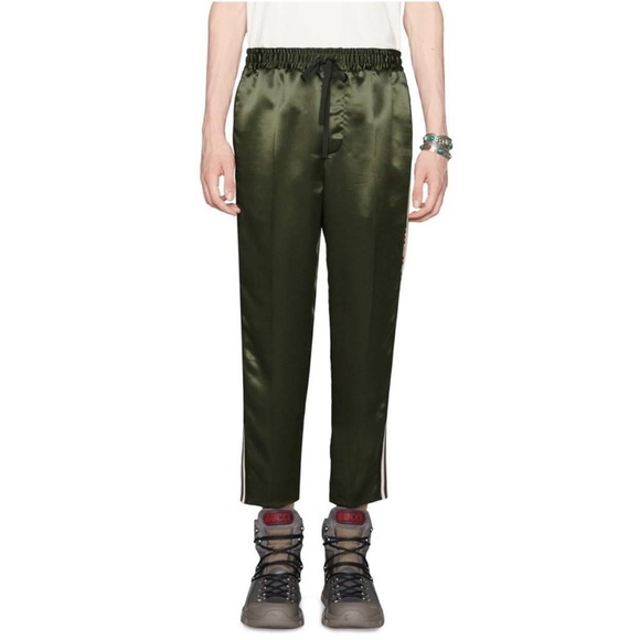 GUCCI MENS ACETATE SILK JOGGING STRIPE GREEN PANTS SIZE 52 EU - Picture 2 of 10